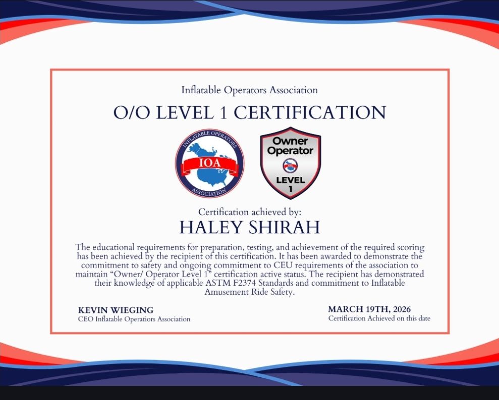 Billingsley Bounce is officially Alabamas Certified Level 1 O/O Safety Operator!